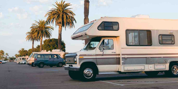 Image of an RV and a Van in a parking lot with palm trees