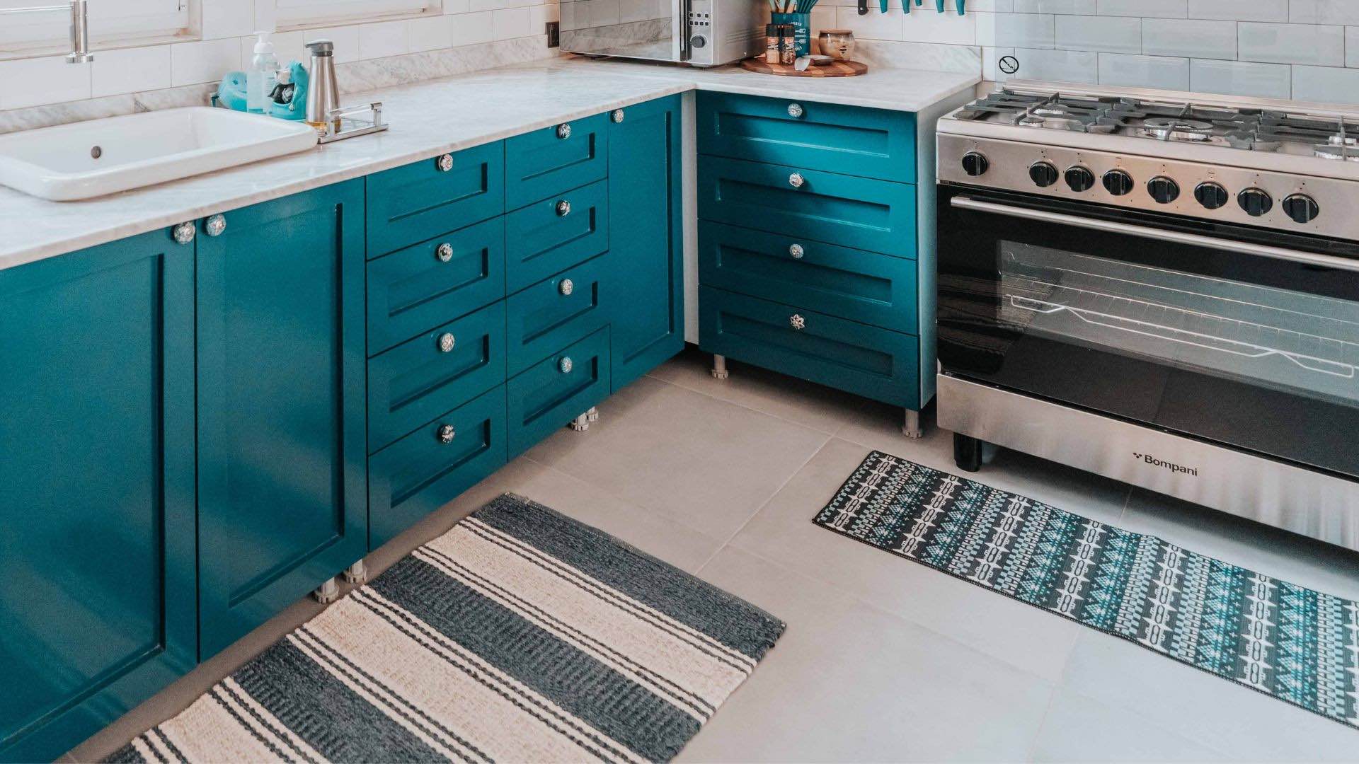 Teal green blue cabinets
