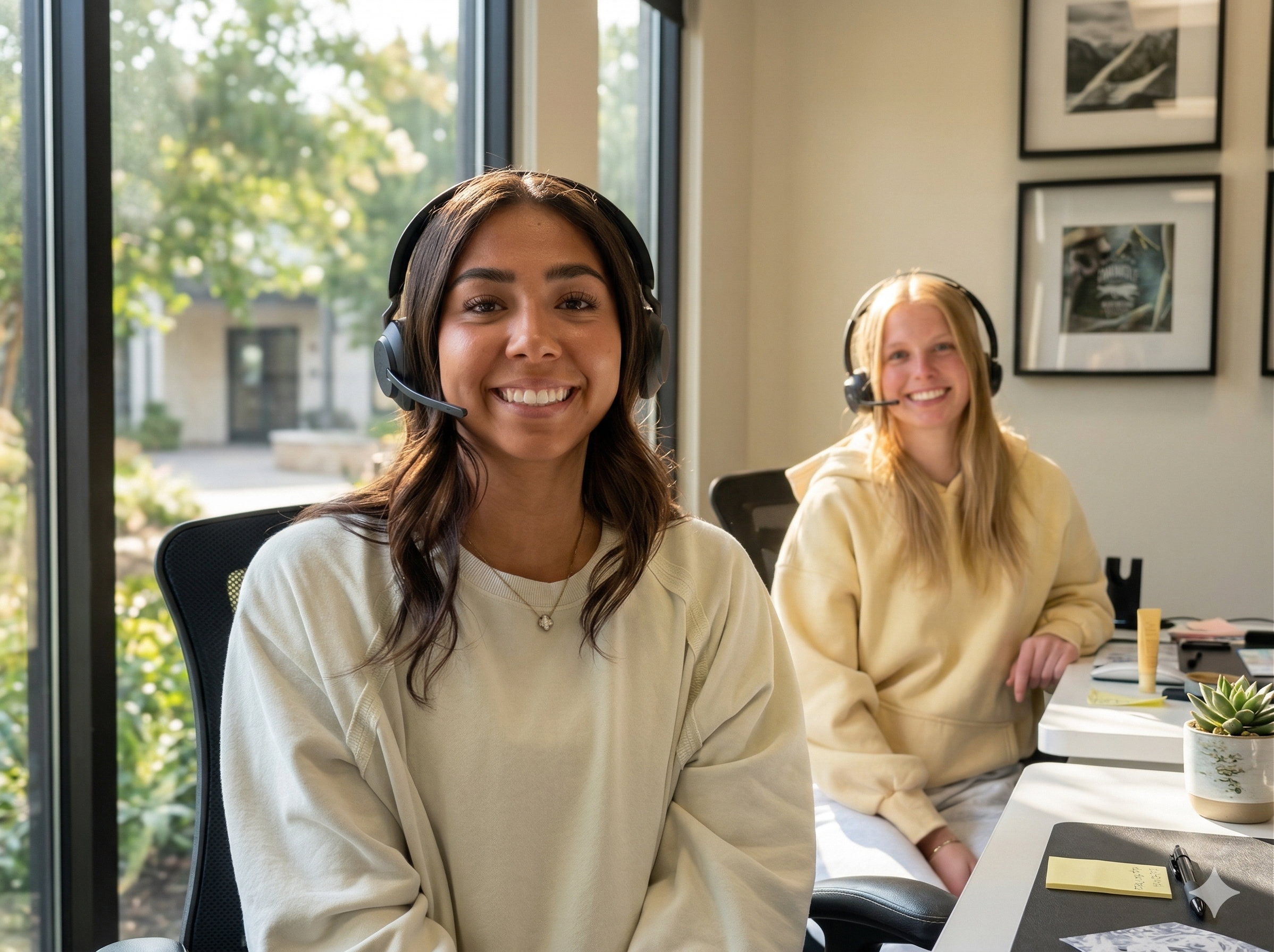 Two women wearing headsets in an office setting with a window view.