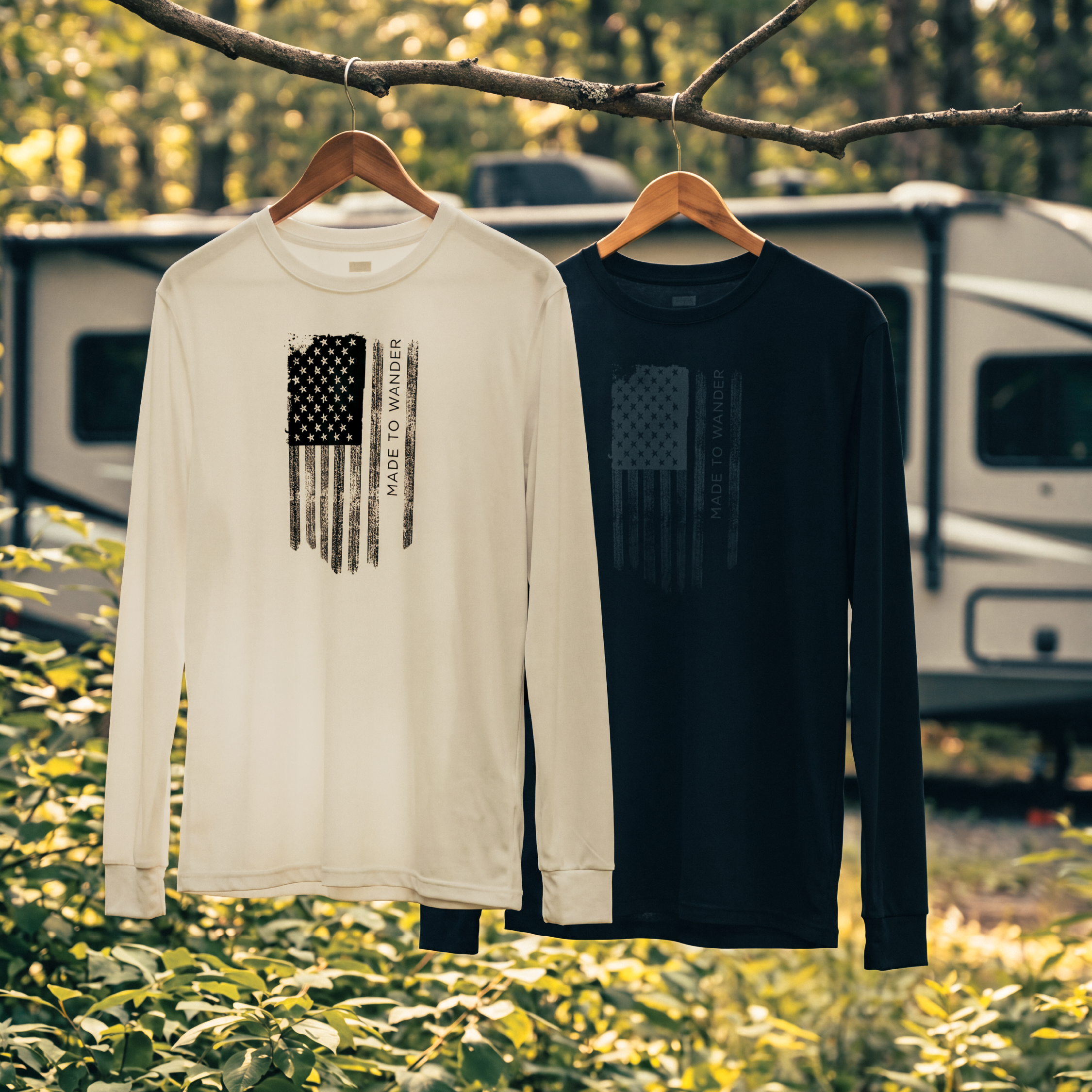 RVLock Unisex Long Sleeve Shirt - Tan Made to Wander In American Flag