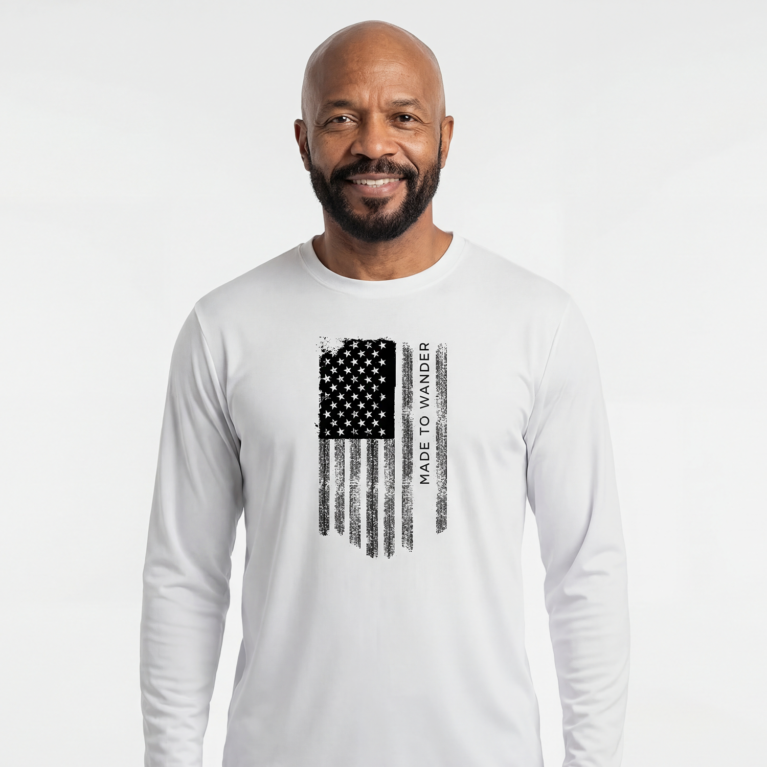 RVLock Unisex Long Sleeve Shirt - White Made to Wander In American Flag