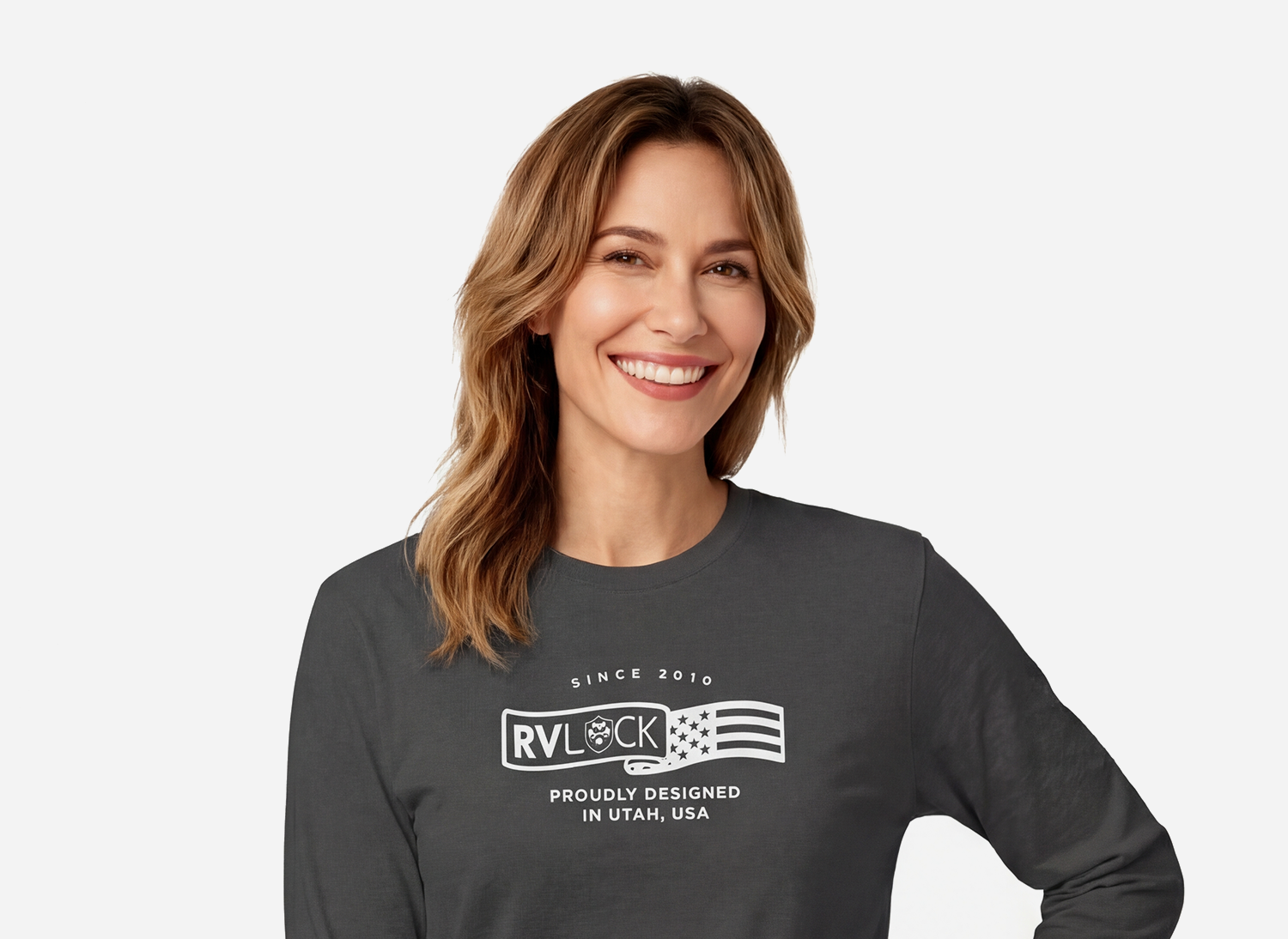 Woman wearing a dark gray long-sleeve shirt with a logo and text on a white background