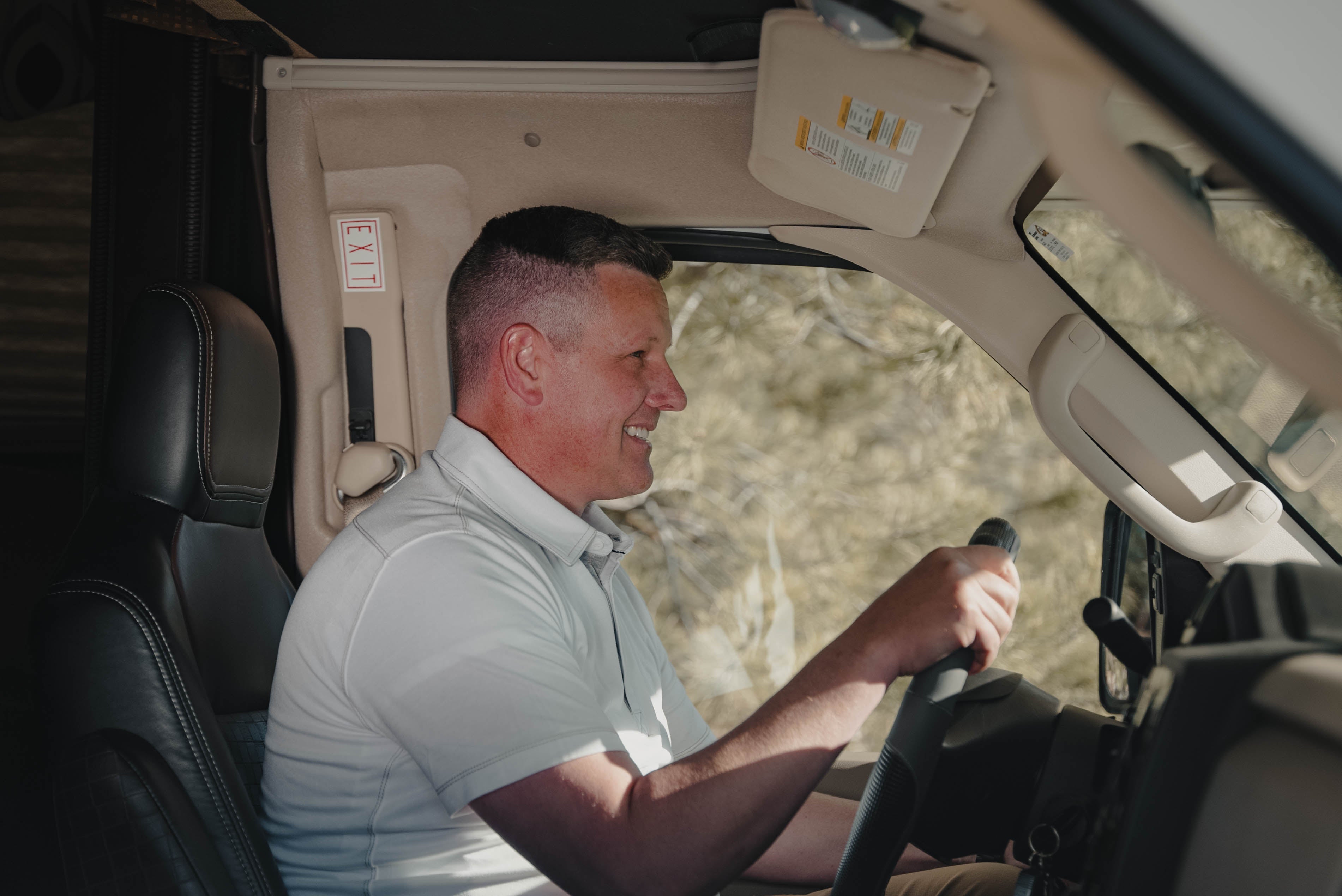 Man at the wheel driving RV
