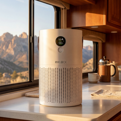 RVLock air purifier on an RV kitchen counter with mountain view outside the window