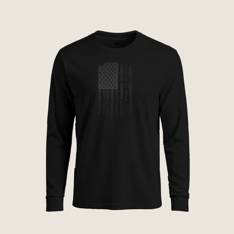 RVLock Unisex Long Sleeve Shirt - Black Made to Wander In American Flag