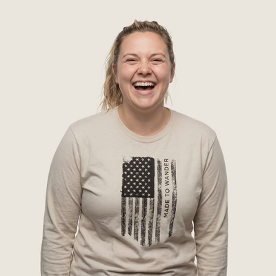 RVLock Unisex Long Sleeve Shirt - Tan Made to Wander In American Flag