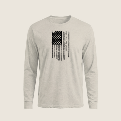 RVLock Unisex Long Sleeve Shirt - Tan Made to Wander In American Flag