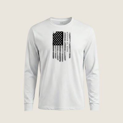RVLock Unisex Long Sleeve Shirt - White Made to Wander In American Flag