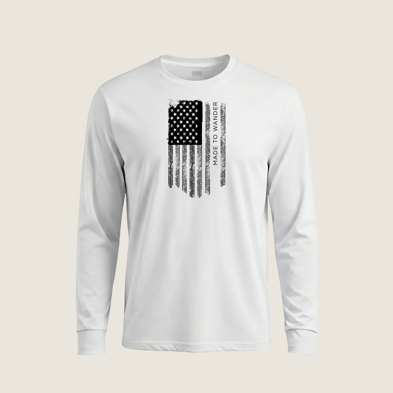 RVLock Unisex Long Sleeve Shirt - White Made to Wander In American Flag