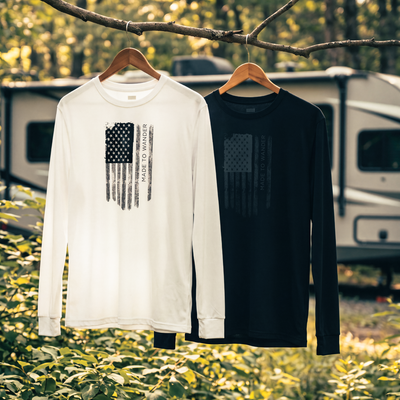 RVLock Unisex Long Sleeve Shirt - White Made to Wander In American Flag