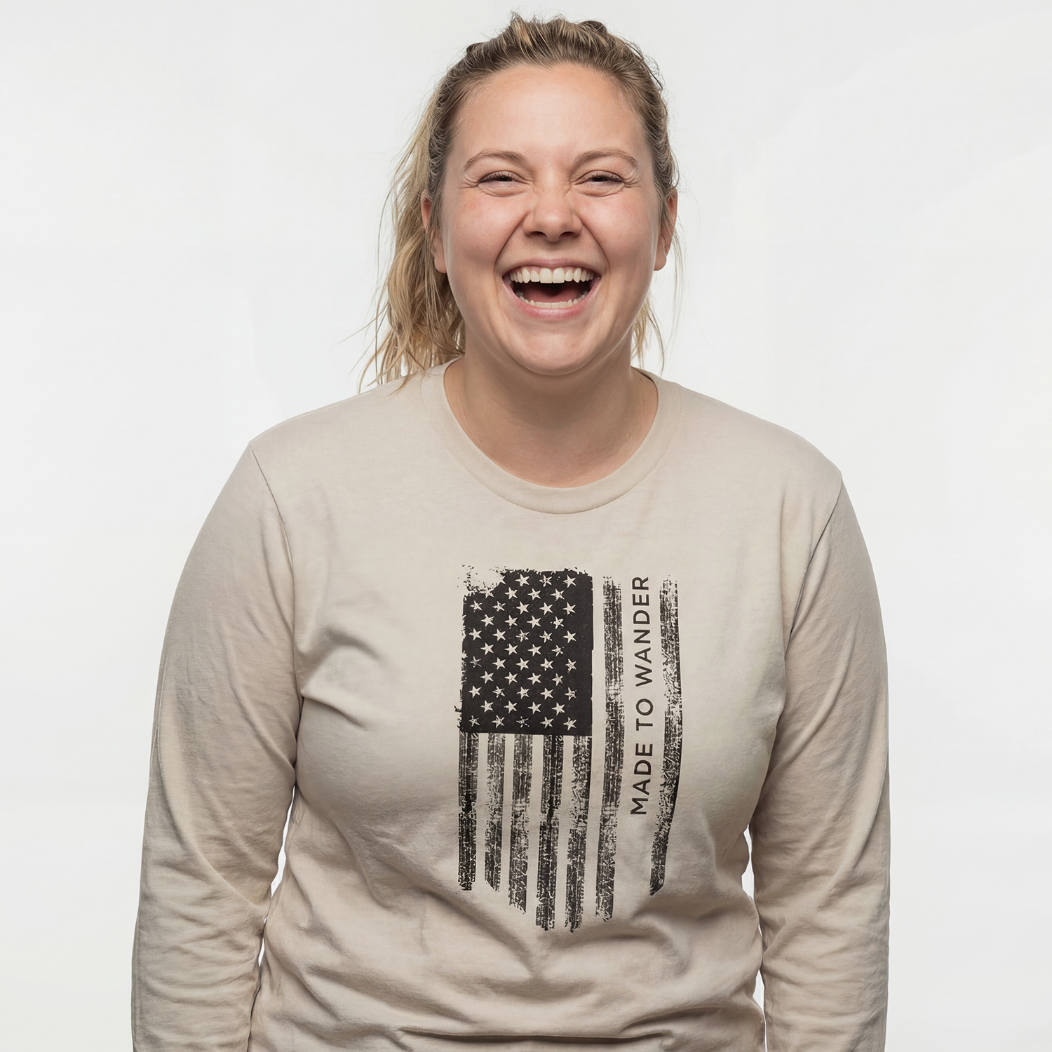 RVLock Unisex Long Sleeve Shirt - Tan Made to Wander In American Flag
